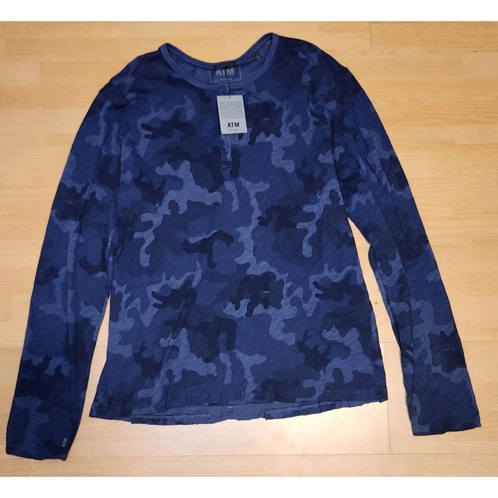 NWT Men's ATM Slub Jersey Destroyed Wash Henley Blue Camo Long Sleeve Large